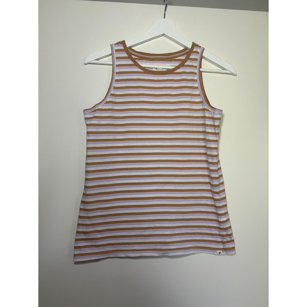 NEW Pact Tank Top Small Tan Purple White Striped Organic Cotton Sleeveless Tee